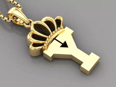 Y Crown Letter Initial Pendant in 10kt Yellow Gold Cad Design