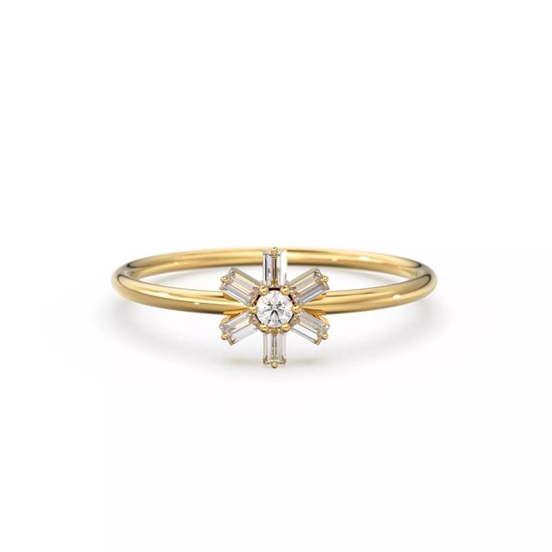 Baguette Diamond Flower Ring Minimalist Round Zircon Band