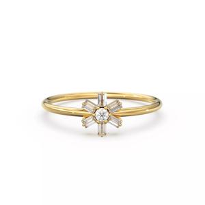 Baguette Diamond Flower Ring Minimalist Round Zircon Band