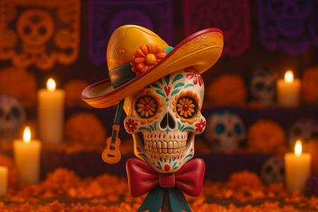 Day of the Dead Sugar Skull 3D Print – Mexican Calavera Decoration with Sombrero, Flowers & Guitar – Dia de los Muertos Festive Figurine
