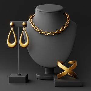 Elegant Gold Jewelry Set - Chain Necklace Earrings and Cuff