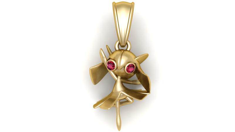 Golden Fairy Dancer Pendant with Ruby Eyes