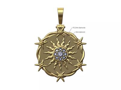 Diamond sun cluster barbwire round pendant with bail