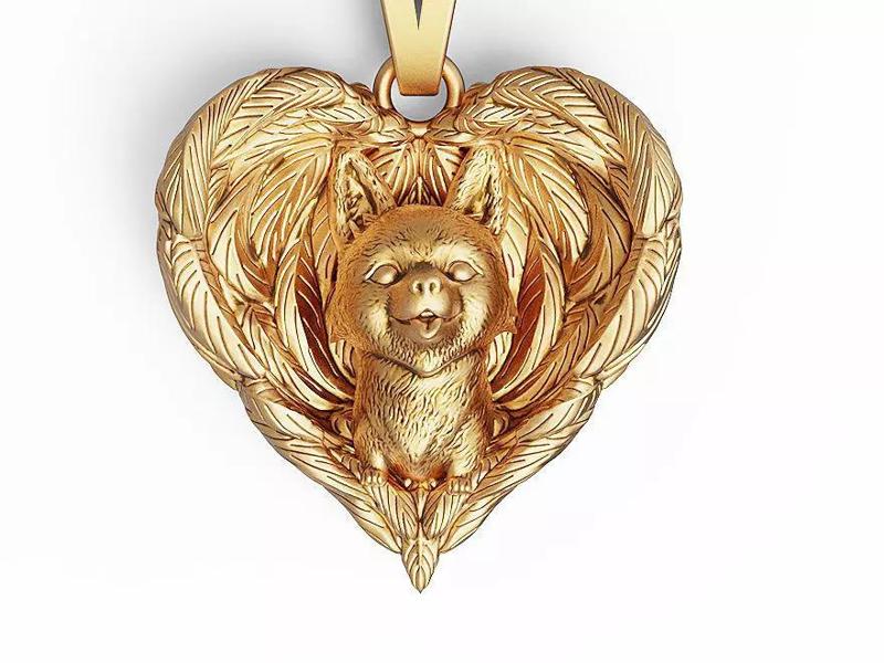 Dog wing Heart Angels Pendant Sculpture jewelry gold