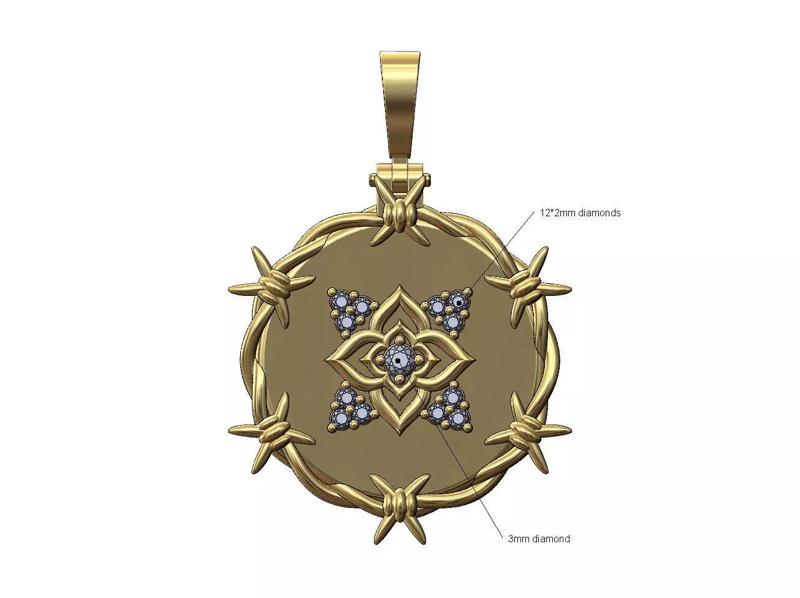 Diamond flower barbwire round pendant with bail