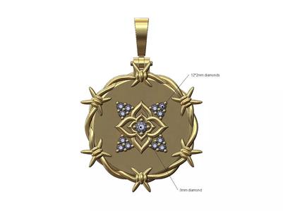 Diamond flower barbwire round pendant with bail