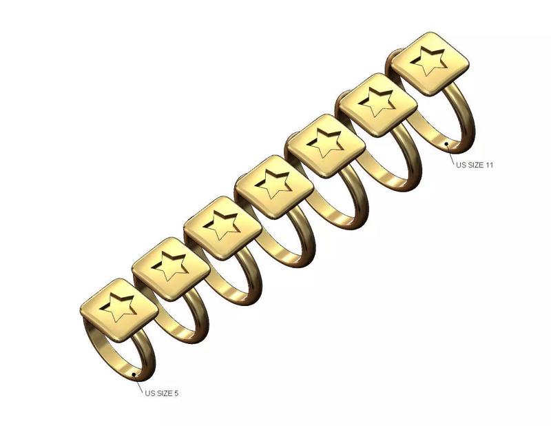 Star enamel engraving Square cushion top ring US sizes 5to11