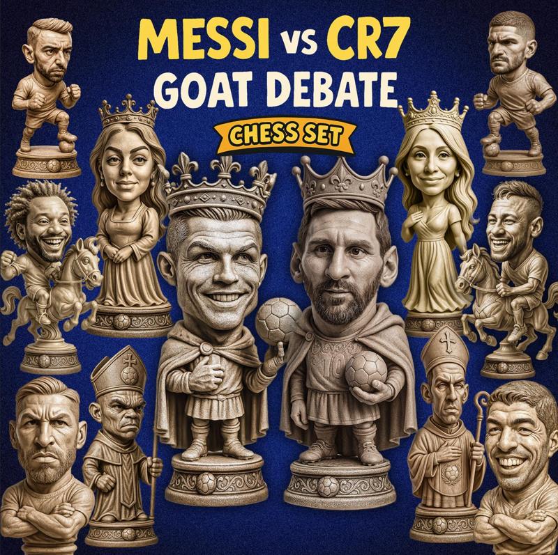 Messi vs CR7 GOAT Debate – 3D Printable Chess Set with Football-Style Board
