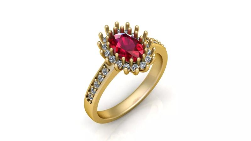 Luxurious Gold Ring with Oval Ruby and Diamond Halo Accent
