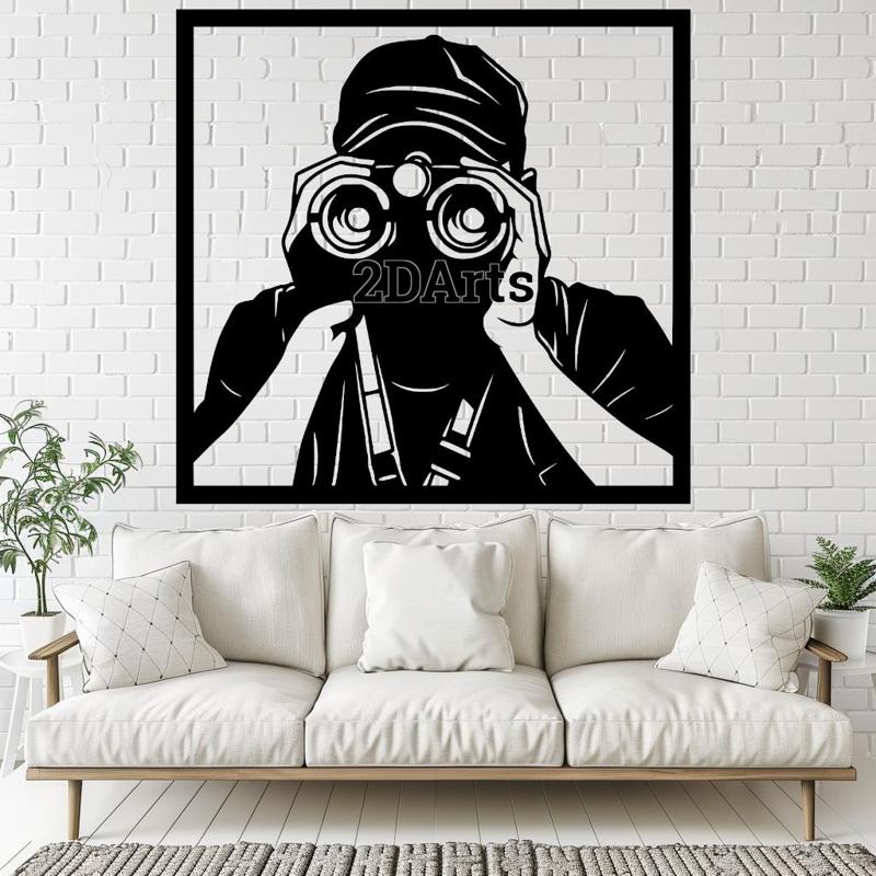 Person with Binoculars 2D Wall Art/Window Art - Digital STL & SVG Files for 3D Printing and Laser Cutting