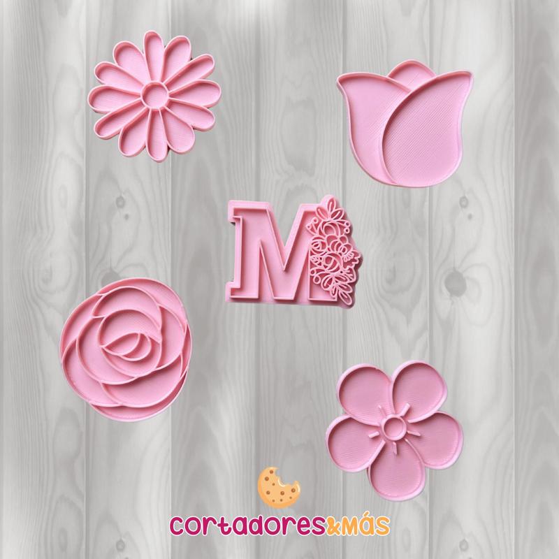 PACK X5 CUTTER COOKIE CUTTER AND STAMP MOTHERS DAY FLOWERS - CUTTER COOKIE MOTHERS DAY FLOWERS