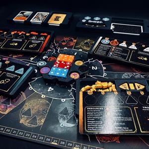 Board game Arcs insert and player dashboard.