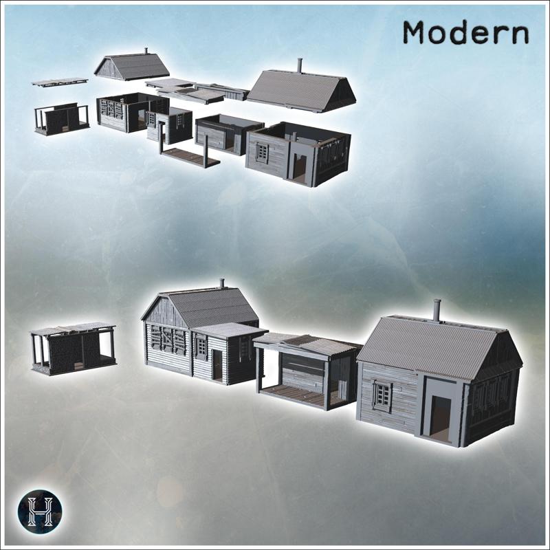 Simple wooden houses with porches, metal and wooden structures in a row (13) - Modern WW2 WW1 World War Diaroma Wargaming RPG Mini Hobby