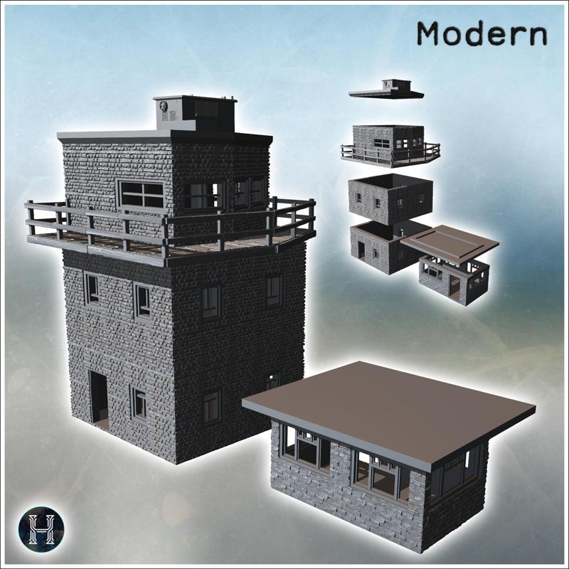 Tall air control stone tower with railings and a flat roof, adjacent smaller stone building (14) - Modern WW2 WW1 World War Diaroma Wargaming RPG Mini Hobby