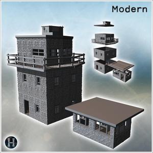 Tall air control stone tower with railings and a flat roof, adjacent smaller stone building (14) - Modern WW2 WW1 World War Diaroma Wargaming RPG Mini Hobby