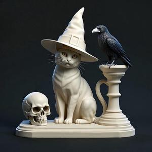 2015 Witch Cat Composition - Skull, Raven & Candleholder on Shared Ivory Base, magic, dragon, serpent, mask, gnome, gorgon, venetian carnival, wild, fox, monster, cat, fair, witch, werewolf, horror, beast, snake, troll, skeleton dance