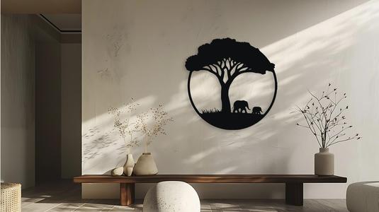 African Tree and Elephants Silhouette Wall Decor