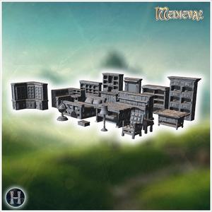 Assorted wooden furniture including shelves, cabinets, beds, chairs, tables, and decorative globe (10) - Medieval Gothic Feudal Old Archaic Saga 28mm 15mm RPG