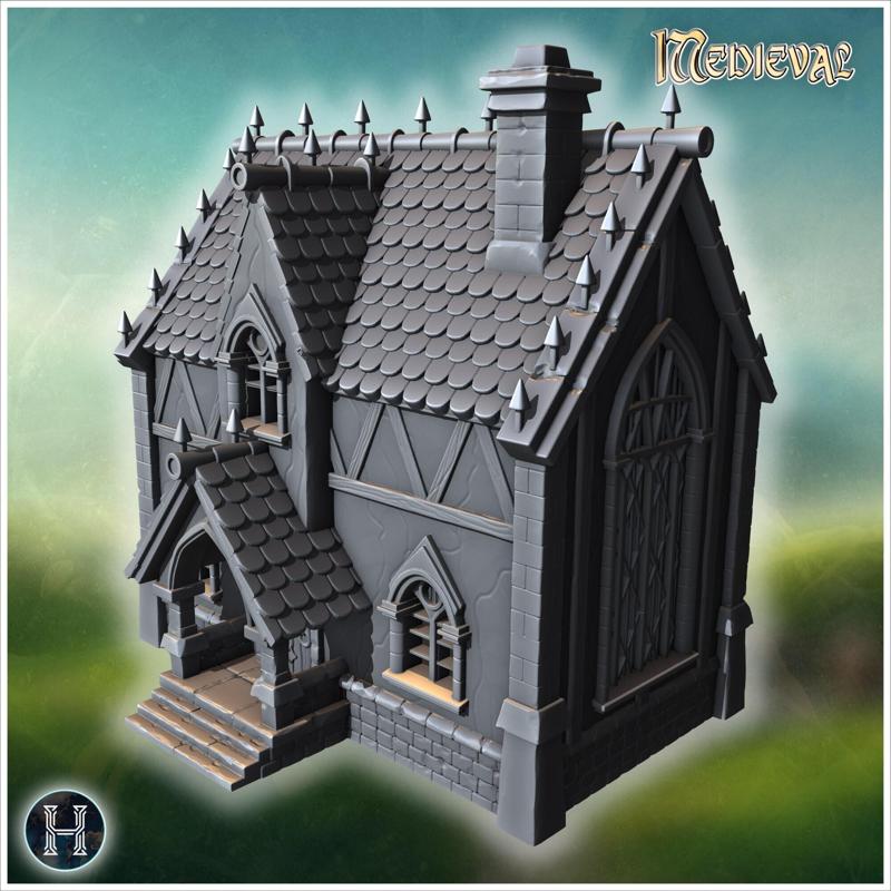 Small gothic chapel with steep roofs, pointed arches, and decorative spikes along the edges (17) - Medieval Gothic Feudal Old Archaic Saga 28mm 15mm RPG