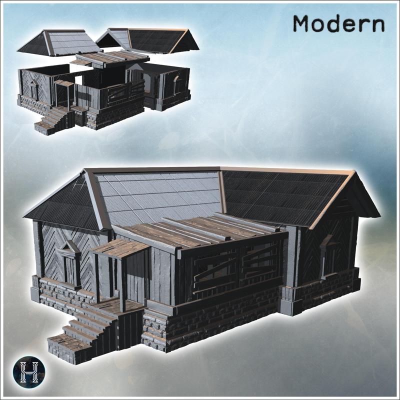 Large wooden building with a stone foundation, steps leading to the entrance (18) - Modern WW2 WW1 World War Diaroma Wargaming RPG Mini Hobby