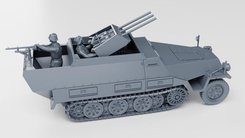 Half-track Sd.Kfz.251/21 Ausf.D Fliegerabwehr Schutzenpanzerwagen (Drilling) + Crewmen (Germany, WW2)