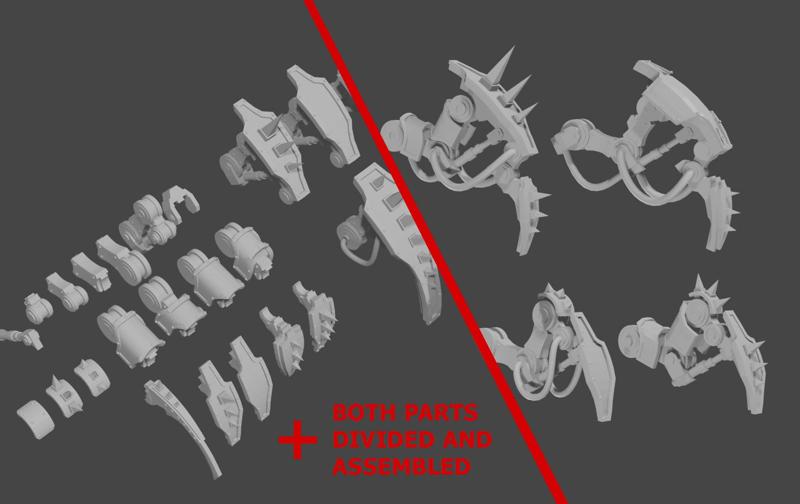 Pack of modular mechanical legs and 5 assembled legs.