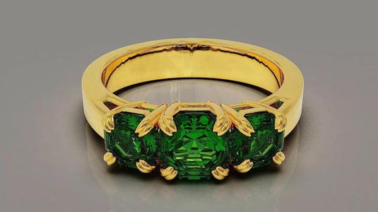 Cathedral style prong set octagon cut diamond three stone ring