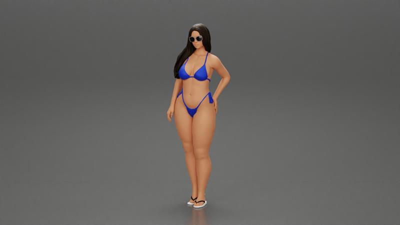 sexy girl in a bikini and sandals with sunglasses  standing putting her left hand on her hip