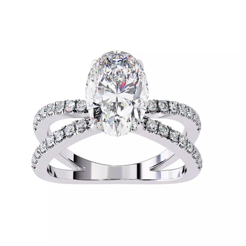 Oval solitaire and pave diamond split shank engagement ring