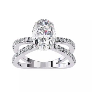 Oval solitaire and pave diamond split shank engagement ring