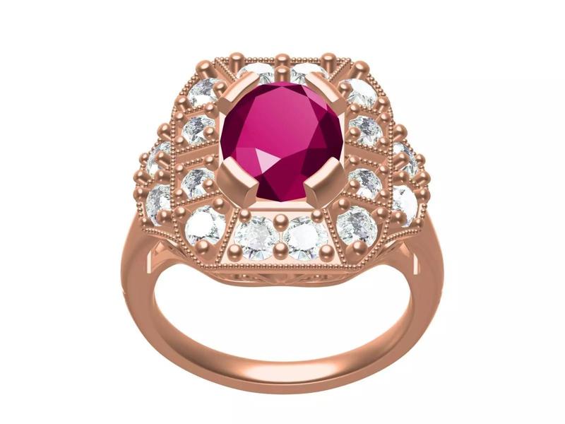 Ruby Oval Diamond Art Deco Ring