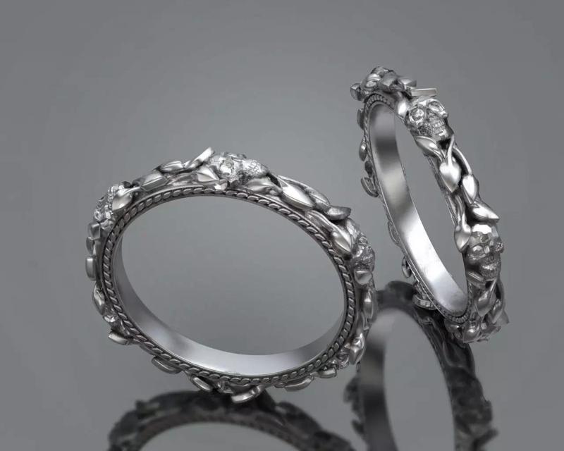 Skull Steampunk Leaves band ring - wedding ring