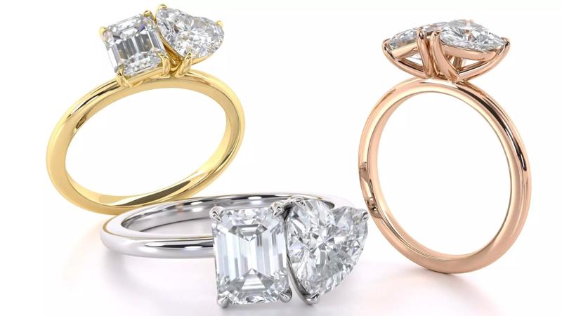 Heart and Emerald Cut Diamond Duo Engagement Ring