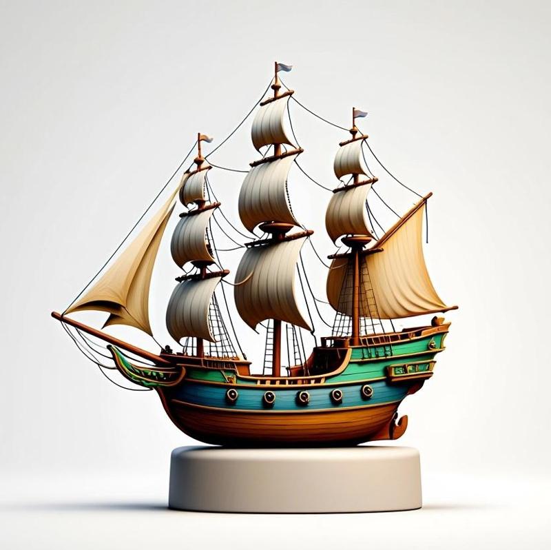 2228 Pirate Sailing Ship with Cannons - Ivory-Style Minimalist Model, ship, pirate, sailing, sails, sea, ocean, boat, magic, fantasy, wood, base, sword, warrior, wild, monster, godzilla, fair, witch, werewolf