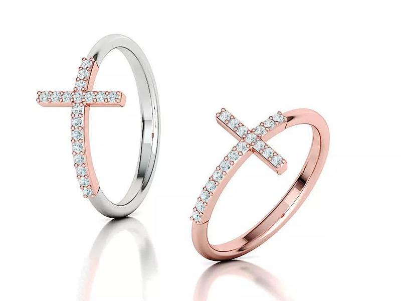 Diamond Sideways cross ring horizontal cross twotone ring