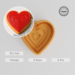 Heart Shape Cutter & Stamp, Cookie & Fondant, S/M/L, 6 Piece Set for Baking, Romantic Valentine's Design