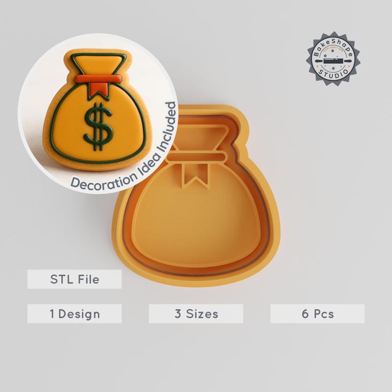 Sack Shape Cutter & Stamp Set, Cookie & Fondant Tool, Money Bag Design, 3 Sizes, 6 Pcs