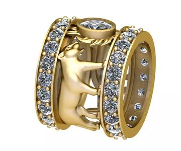 Tiger gold ring with diamonds and bear