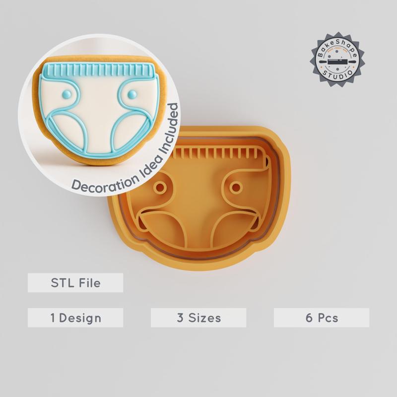 Baby Diaper Cookie Cutter & Stamp Set, Infant Care Baking Mold, 6 Pieces in 3 Sizes