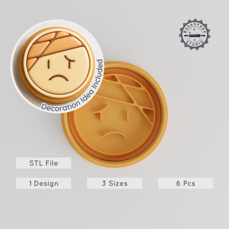 Bandaged Face Cookie Cutter & Stamp Set, Emoji Design, 6 Pieces, Multi-Size S/M/L, Fondant & Baking Accessory