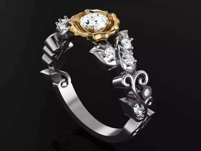 2 tone Ring with round diamond flower head and leaves  4920