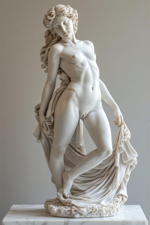 A striking marble sculpture of a reclining female figure captures the attention with its exquisite detail and graceful poise.