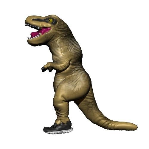 A MAN INTO AN INFLATABLE DINOSAUR COSTUME