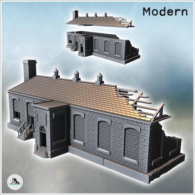 Damaged building with two stairway entrances, bricked-up windows, and multiple chimneys (24) - Modern WW2 WW1 World War Diaroma Wargaming RPG Mini Hobby