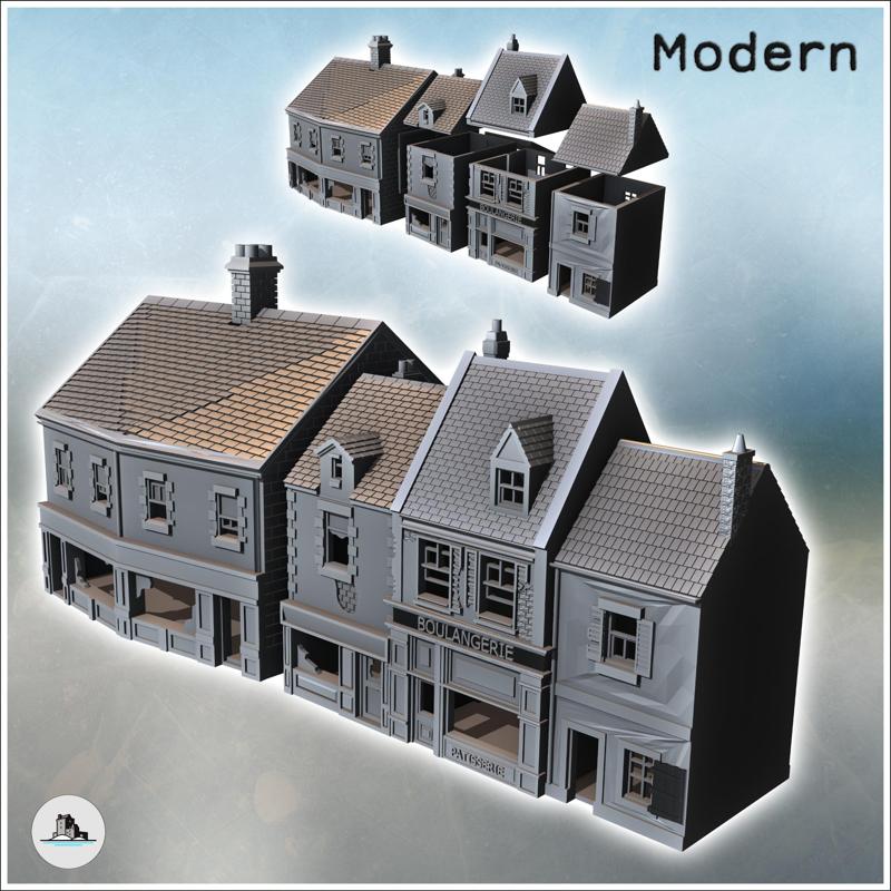 Set of four modern buildings with French bakery and ground-floor shops (46) - Modern WW2 WW1 World War Diaroma Wargaming RPG Mini Hobby