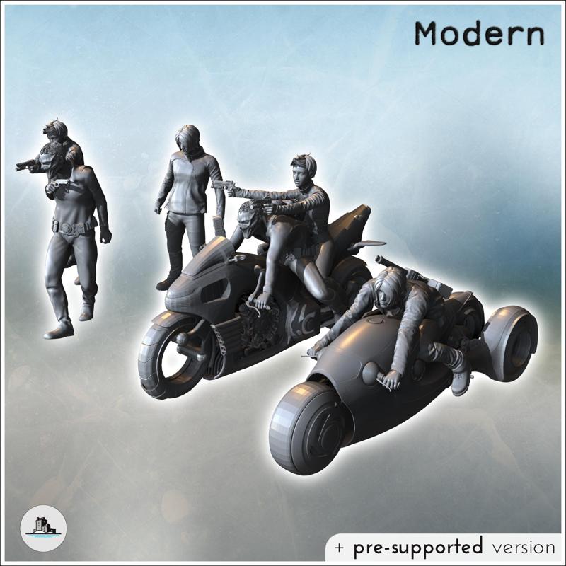 Set of six post-apocalyptic gang members with two futuristic motorcycles (2) - Medieval Gothic Feudal Old Archaic Saga 28mm 15mm RPG