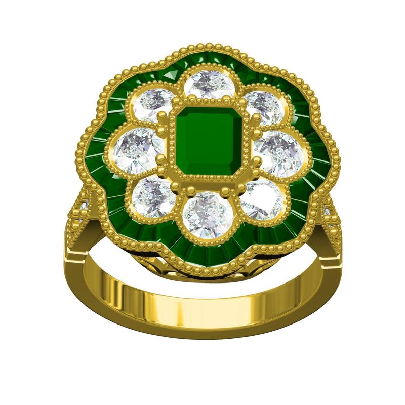 Emerald and Double Floral Halo Ring for Women