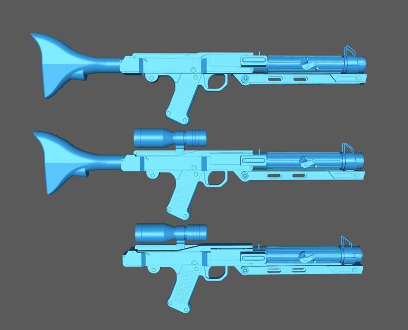 Custom variants of Andor / Mandalorian s3 DC15S blaster carbine for 1:12 and 1:6 figures plus cosplay