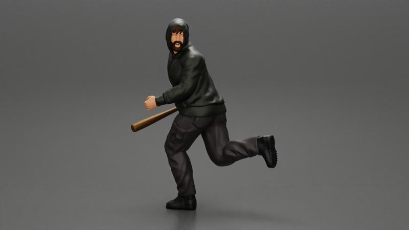 gangster man in hoodie fears running and holds a baseball bat