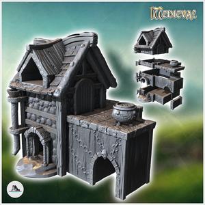Medieval building with cauldron outside and annex with arch (40) - Medieval Fantasy Magic Feudal Old Archaic Saga 28mm 15mm